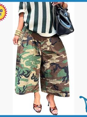 High Waist Wide Leg Cargo Jeans Bermuda Camo Pants Polyester Workwear